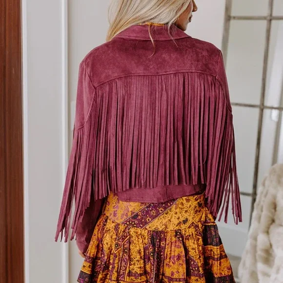 Fringed Burgundy Jacket boho tassel - Picture 2 of 3